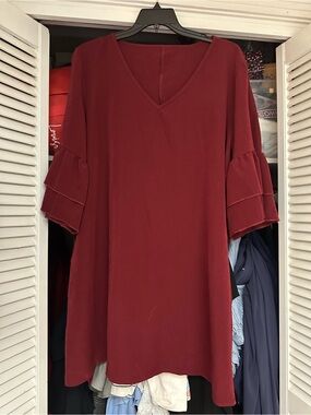 H&M Burgundy V-Neck Tiered Ruffle Sleeve Tunic